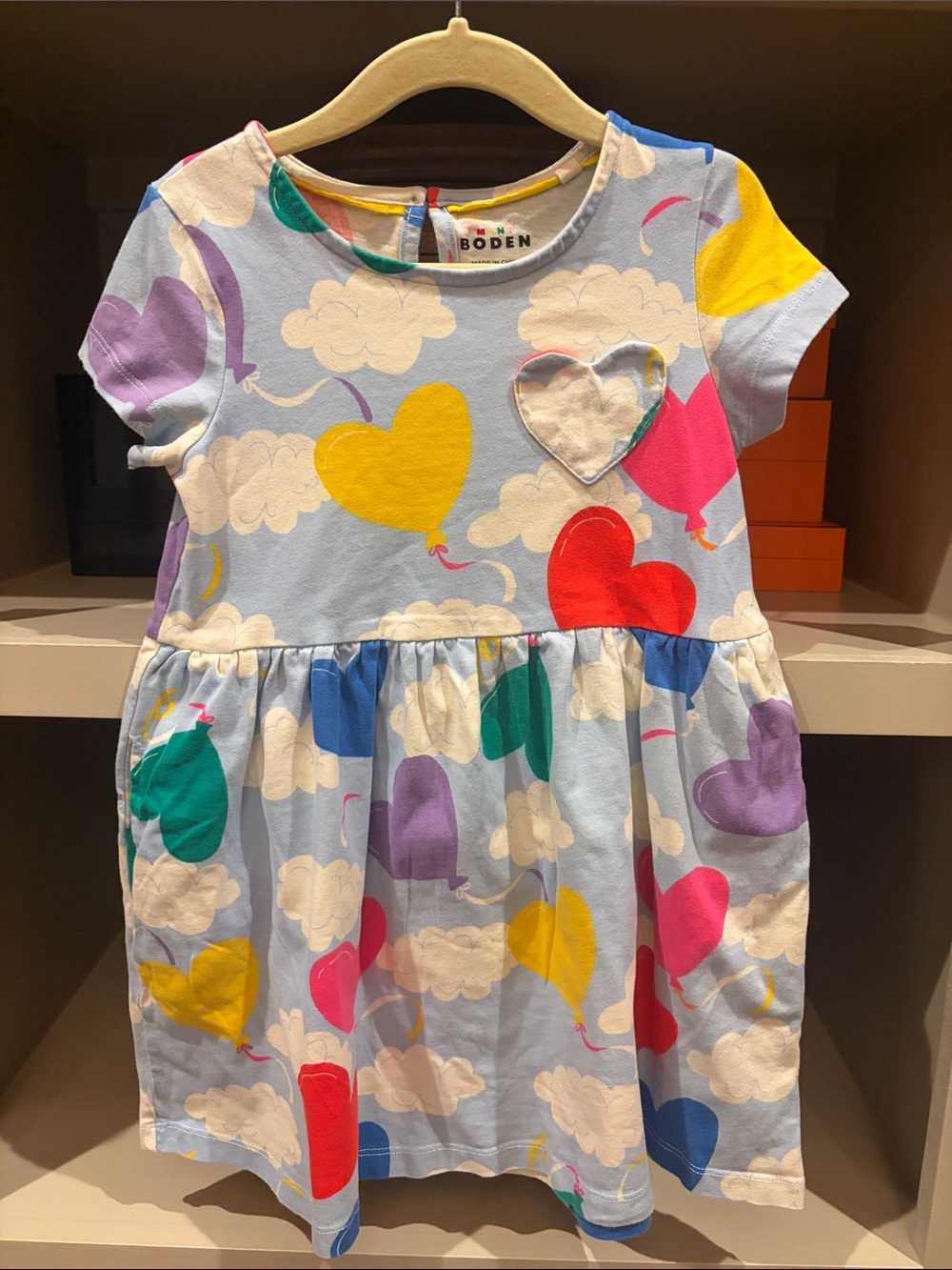 Mini Boden Light Blue Cotton Dress with Multicolor Heart Balloons - Size 4-5